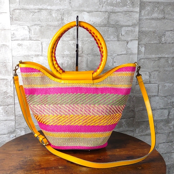 Patricia Nash Leather/Woven Jute Stripe Tote Bag w/Convertible